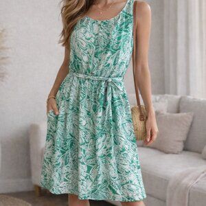 Loft by Ann Taylor Women's Tank Dress w/ Belt Green/White Size Small